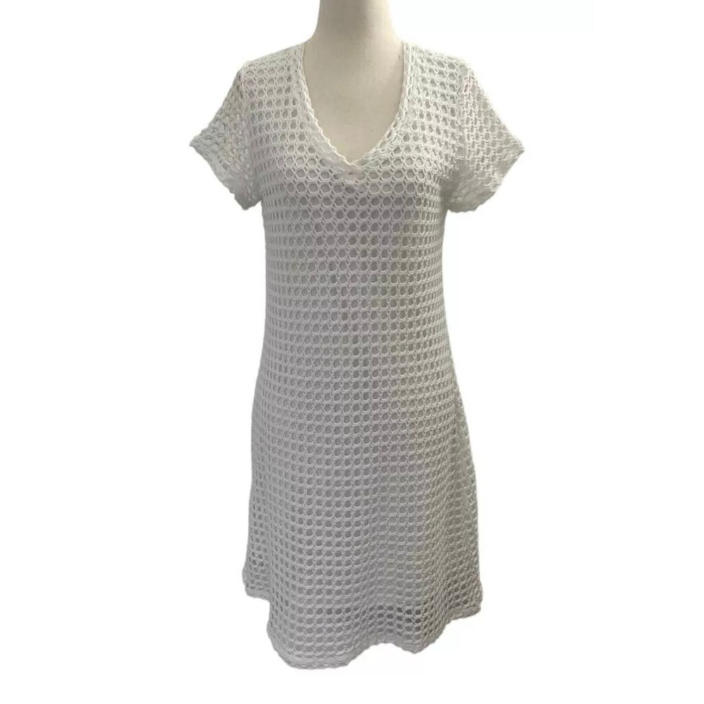Trouble at the Mill White Crochet Knit V-Neck Short Sleeve Dress Size S | 0241